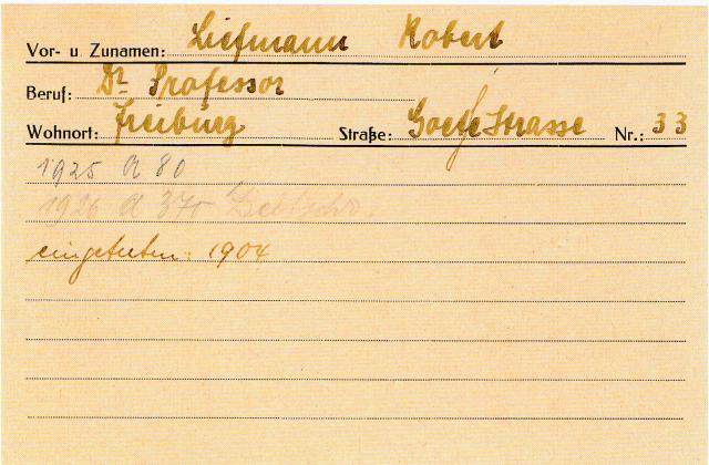 Личная карточка Роберта Лифмана. Нижняя запись „вступил в 1904 году“