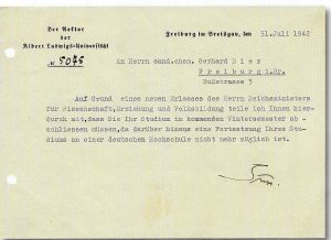 Письмо ректора Фрайбургского университета Вильгельма Зюсса Герхарду Биру от 31.07.1942