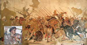 40. Мозаика Александра в доме Фауна в Помпеях, 100 д.н.э. (фрагмент с головой Александра помещен на утраченной части мозаики)